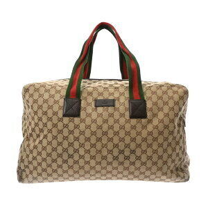 Gucci Sherry Beige Ebony Brown GG Canvas Leather Boston Bag